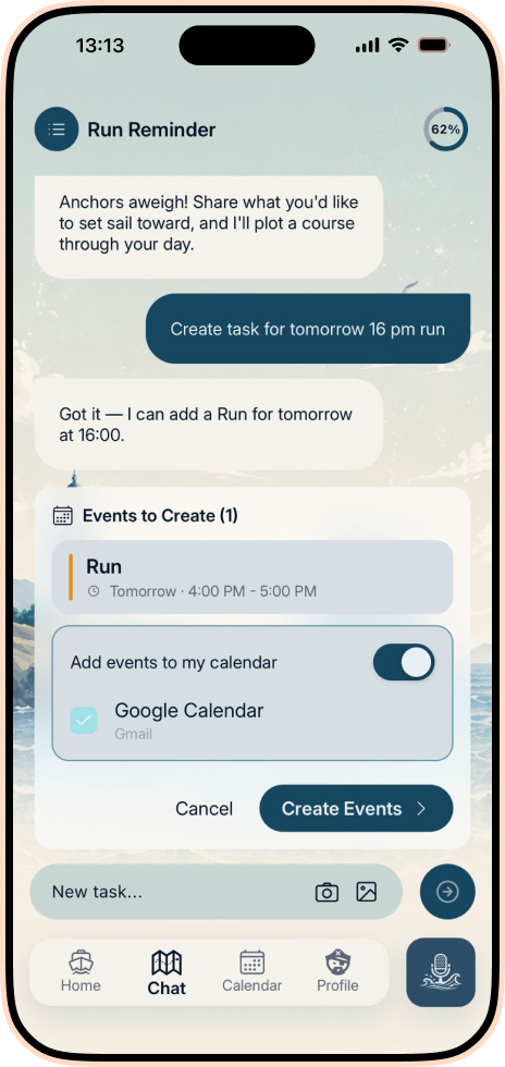 Plan Harbor AI Chat reviewing a run event before adding it to a calendar