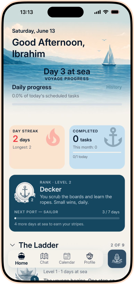 Plan Harbor home screen showing daily progress and navigation ranks